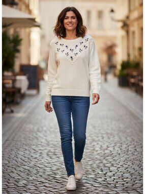 Coldwater Creek Womens Ivory Floral Embroidered Cotton Blend Sweater L Oversized